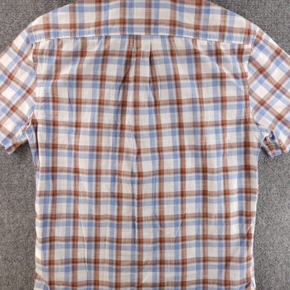 Johnnie-o Plaid Blue Brown Button Up Shirt Medium Lightweight Short Sleeve - Picture 11 of 13